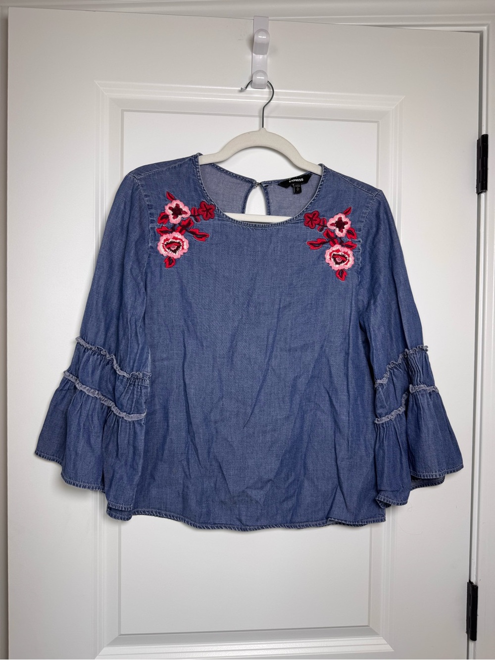 Express Blue Denim-Look Embroidered Bell Sleeve Top